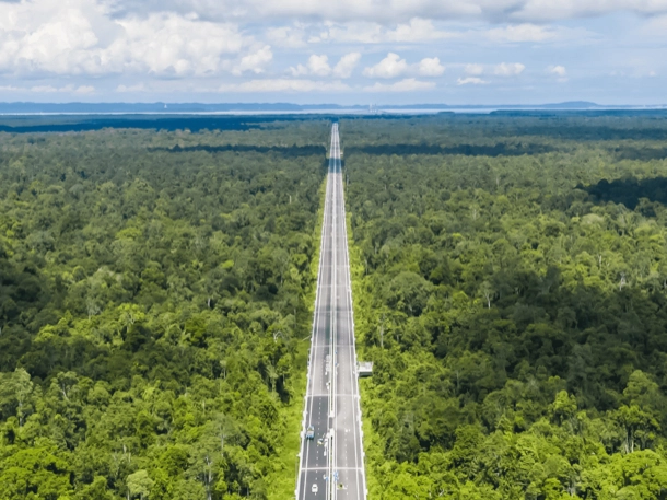 The image displays a long, straight road cutting through a dense forest, demonstrating the contrast between human-made infrastructure and the natural environment. This image is interesting as it highlights the intersection of development and nature