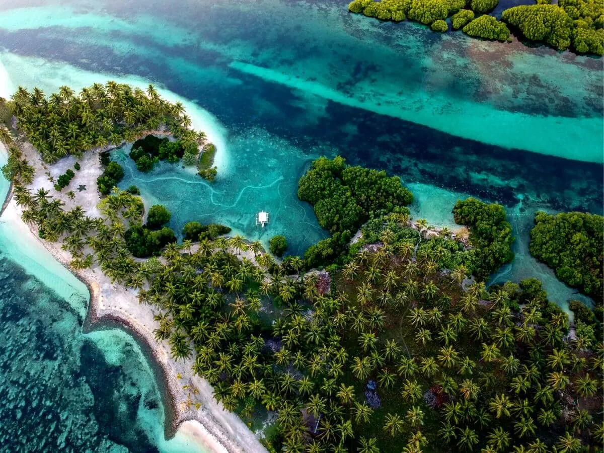 Aerial view of a tropical island surrounded by the ocean, showcasing its sandy beaches and lush vegetation.