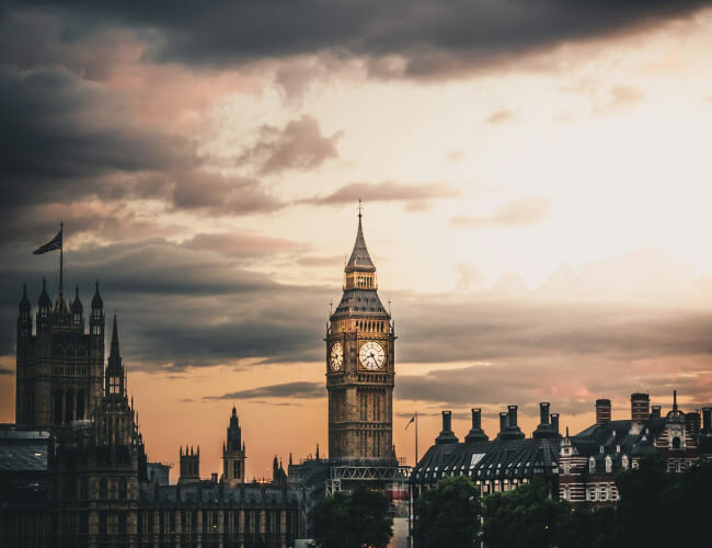 London's famous Big Ben tower with the sunset in the background