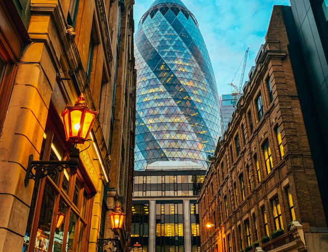 Low angle of The Gherkin tower in London Liverpool Street