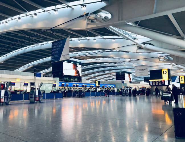 Departure area in Heathrow Airport in London